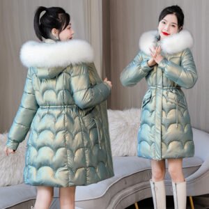 Women's Mid-Length Padded Coat with Fur Collar